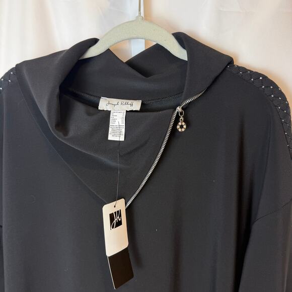 NWT Joseph Ribkoff Black Tunic Dress 14 Asymmetrical Zip Neck Embellished Sleeve - Picture 3 of 8